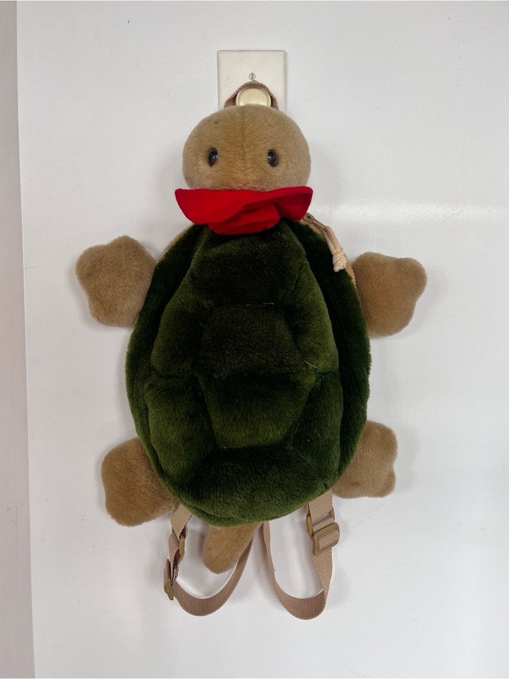 Vintage Plush Turtle Backpack with Red Hat